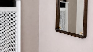 Een badkamer met een witte radiator, een spiegel met houten frame en een effen wand.