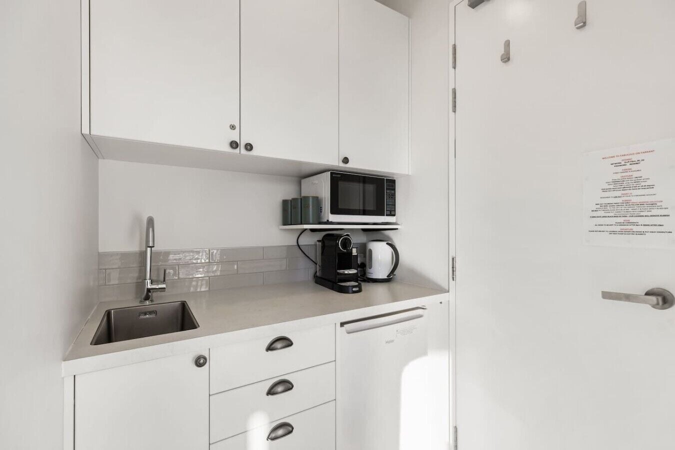 Coffee/tea maker, fridge, microwave, toaster