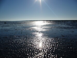 A beach with a sun reflecting off the water, a pier in the distance, and a clear sky.