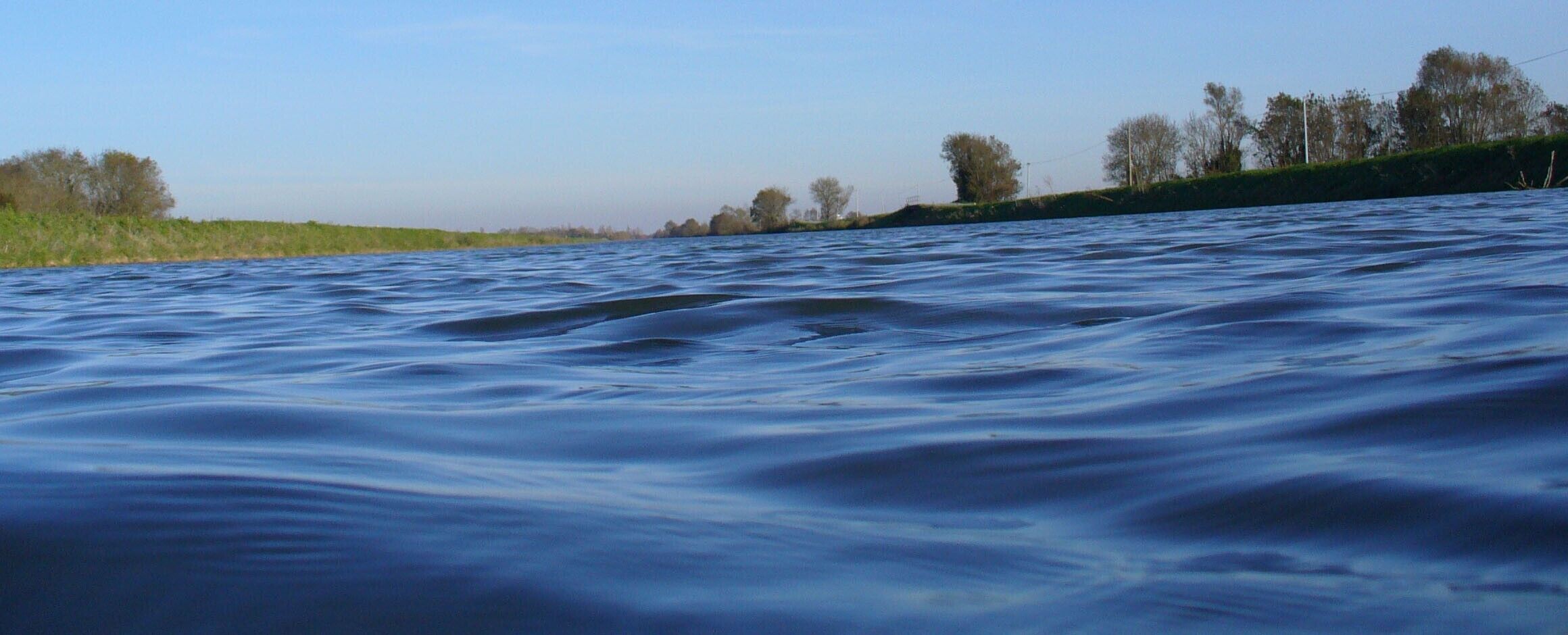 Un río con suaves ondulaciones, una orilla cubierta de hierba y árboles al fondo.
