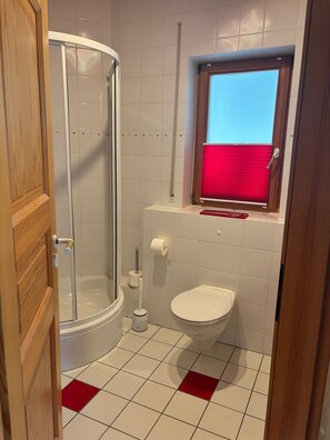 Et badeværelse med brusebad, toilet og et vindue med skodder.