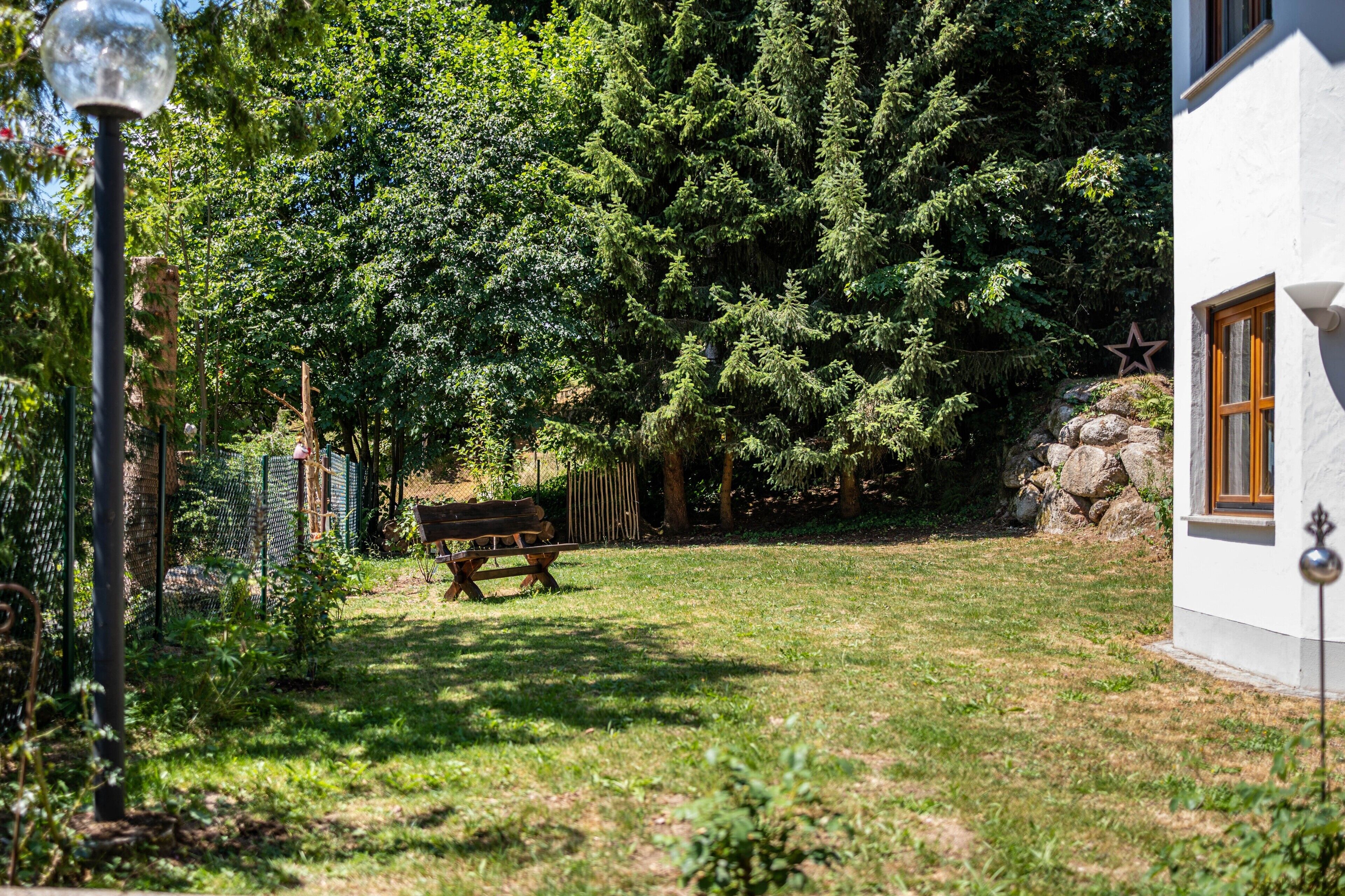 A grassy yard with a bench, a white building, and a large tree.