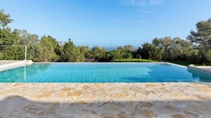 A clear blue pool with a stone deck, surrounded by greenery and trees, under a clear sky. - Villa Thymari, new cocoon of privacy and peace (sivota village)