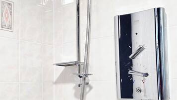 Hair dryer, towels, soap, toilet paper