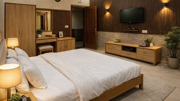 A modern bedroom with a bed, bedside tables, a TV, and a ceiling fan. - Udaigarh Palace - The Heritage Hotel  (Jodhpur)