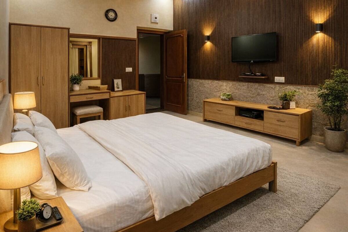 A modern bedroom with a bed, bedside tables, a TV, and a ceiling fan.