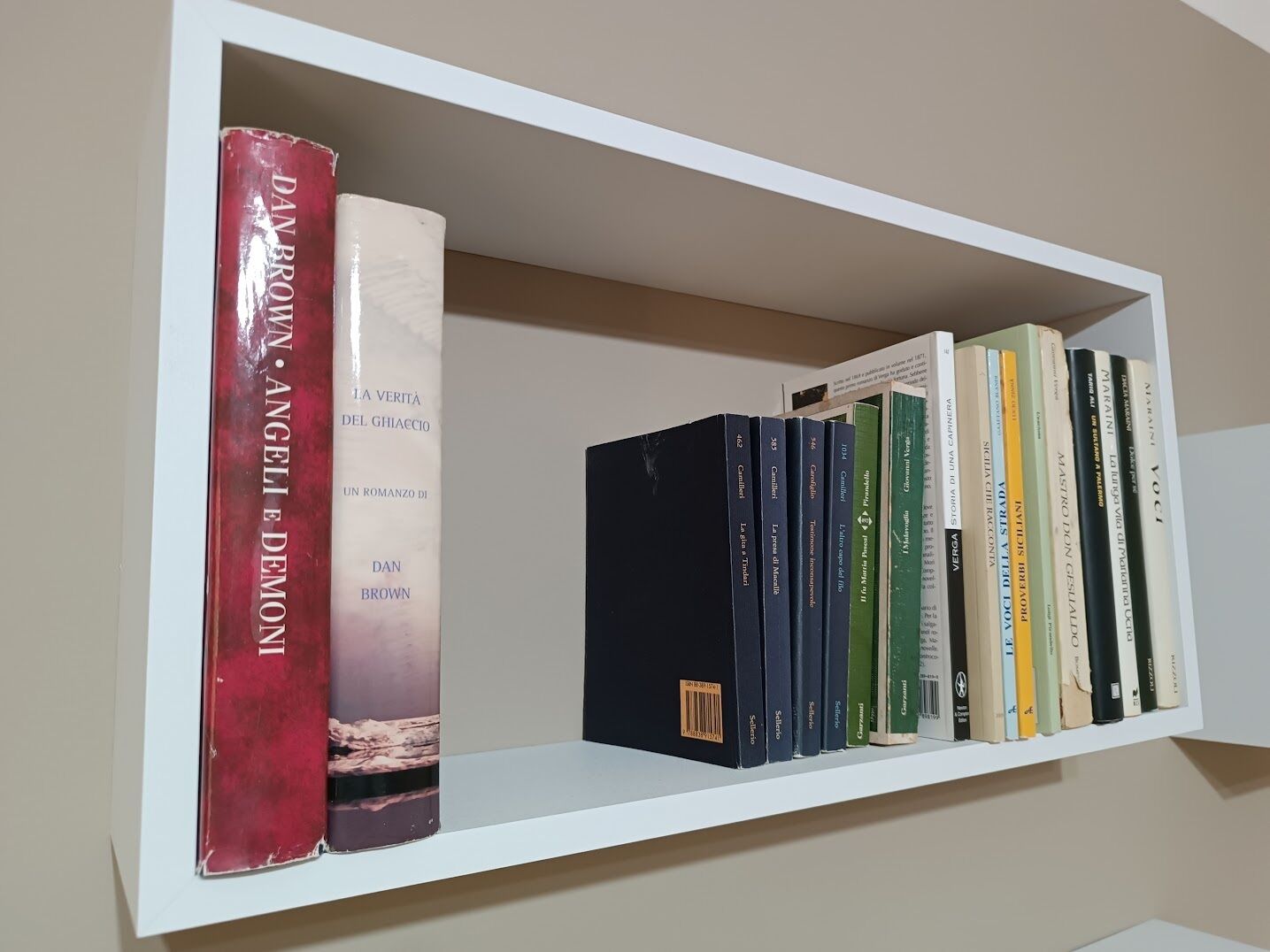 A bookshelf with books, including titles like 'La verità del ghiaccio' and 'Il racconto di Teodoro.'