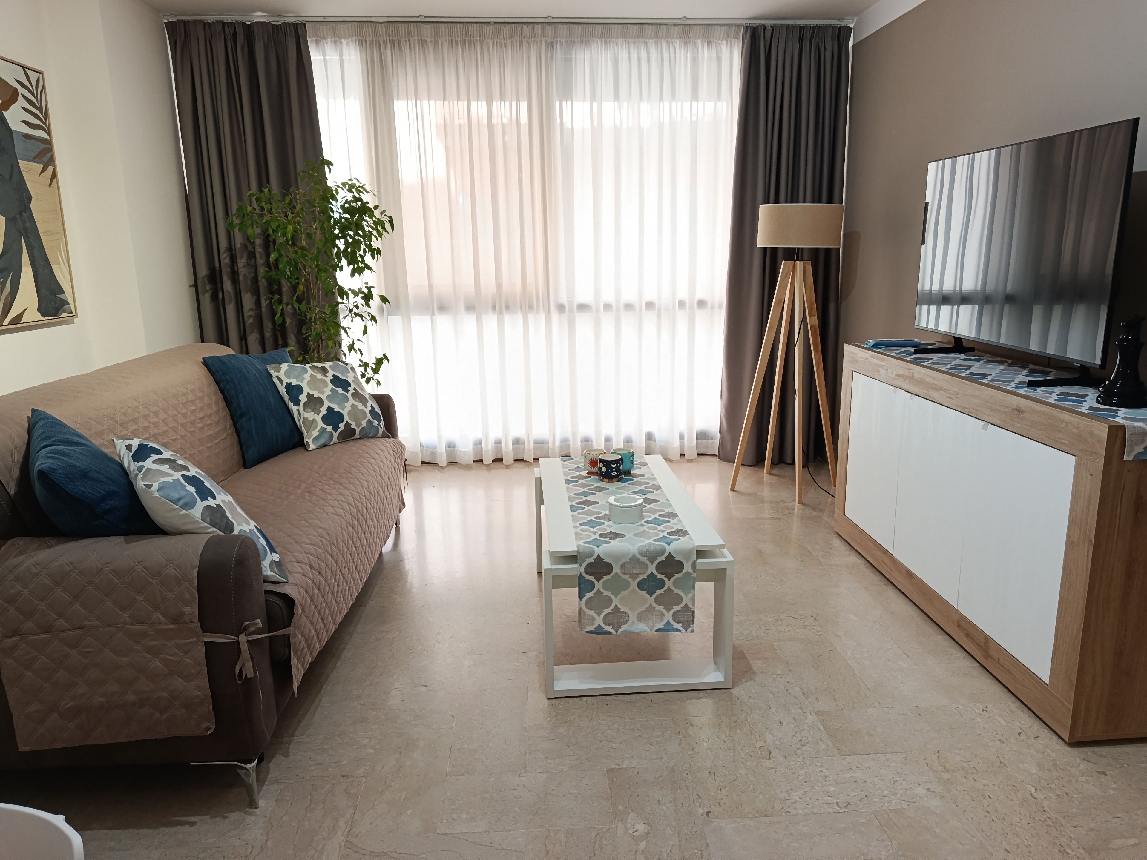 A living room with a sofa, a coffee table, a TV, and a plant.