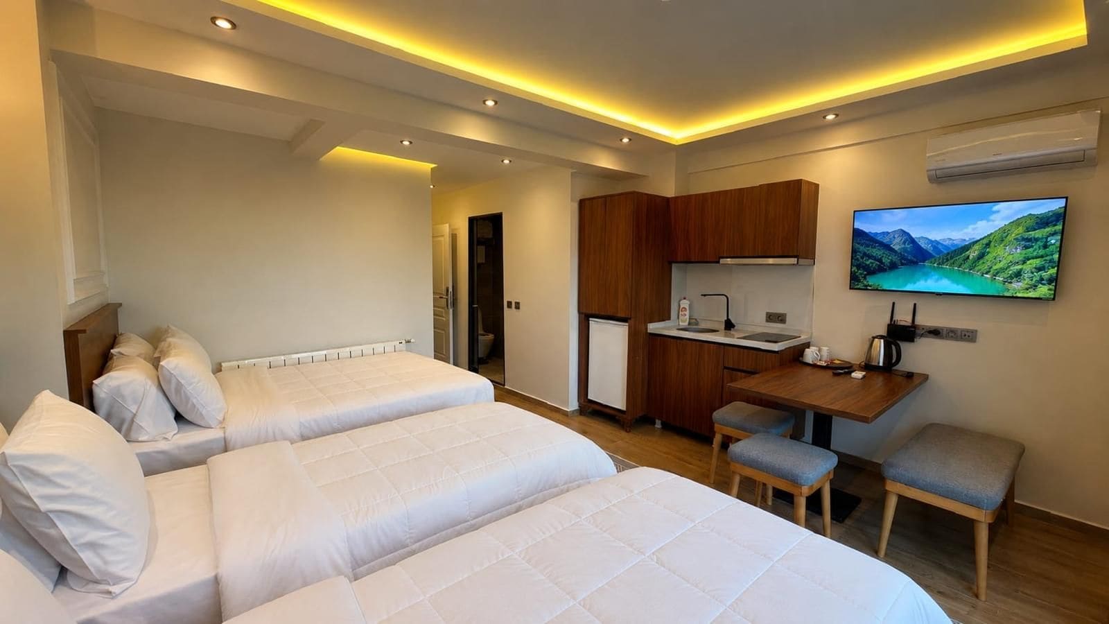 Habitación de hotel con dos camas, kitchenette, televisión y vistas a un paisaje montañoso.