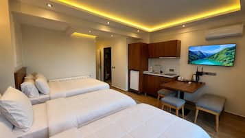 Habitación de hotel con dos camas, kitchenette, televisión y vistas a un paisaje montañoso.