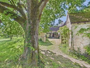 Ein rustikales Steinhaus mit einem moosbewachsenen Baum im Vordergrund, einer Steinsäule und einem Weg, der zu einer Tür führt.