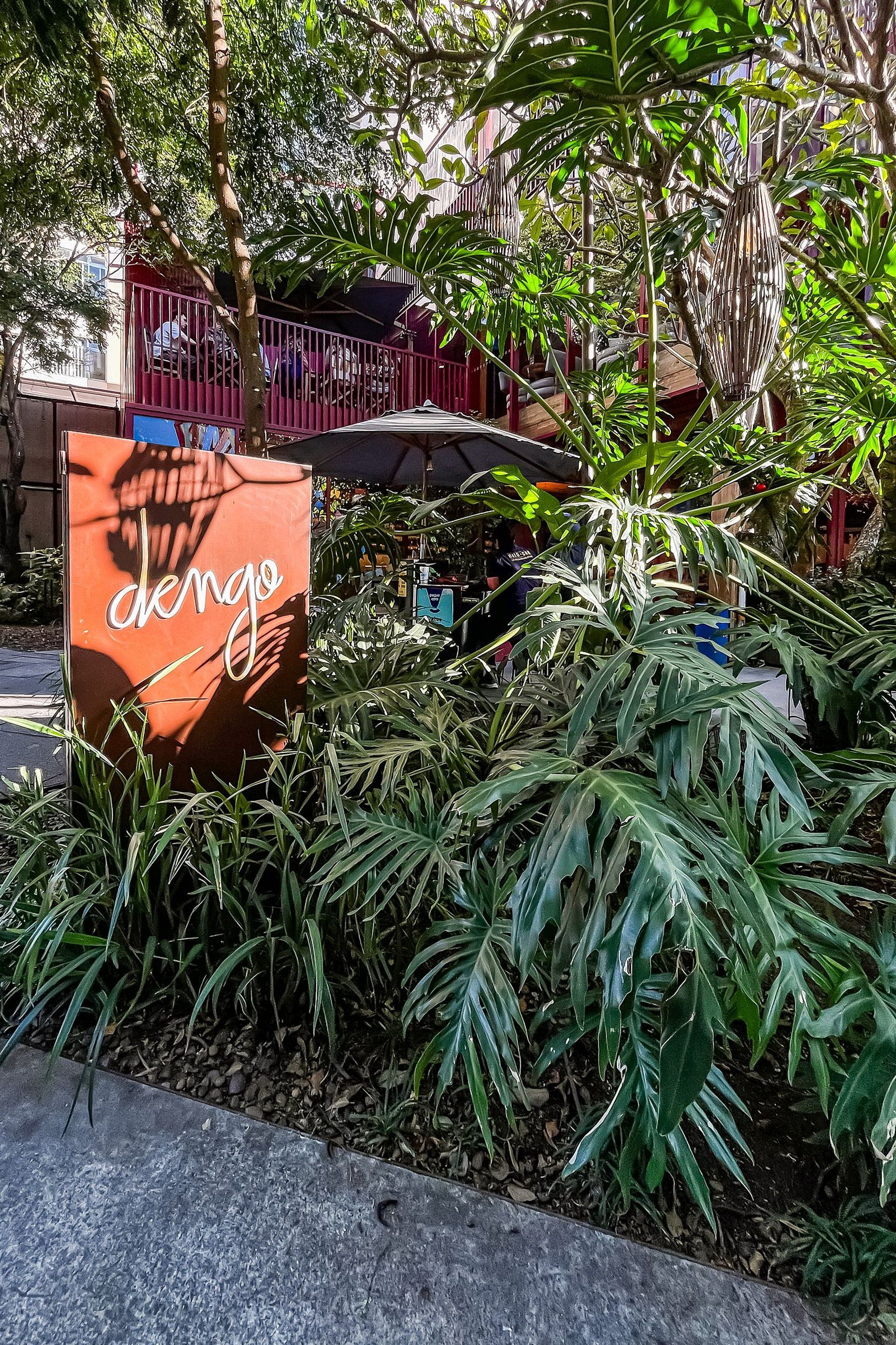 A sign with the word 'chango' surrounded by lush greenery and a metal fence.