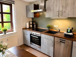 A modern kitchen with a built-in oven, a dishwasher, and a window with a view of greenery. - Apartment Blankenburg Harz, WANDERLUST 3 persons, old town, WLAN, garden, parking lot (Blankenburg (Harz))