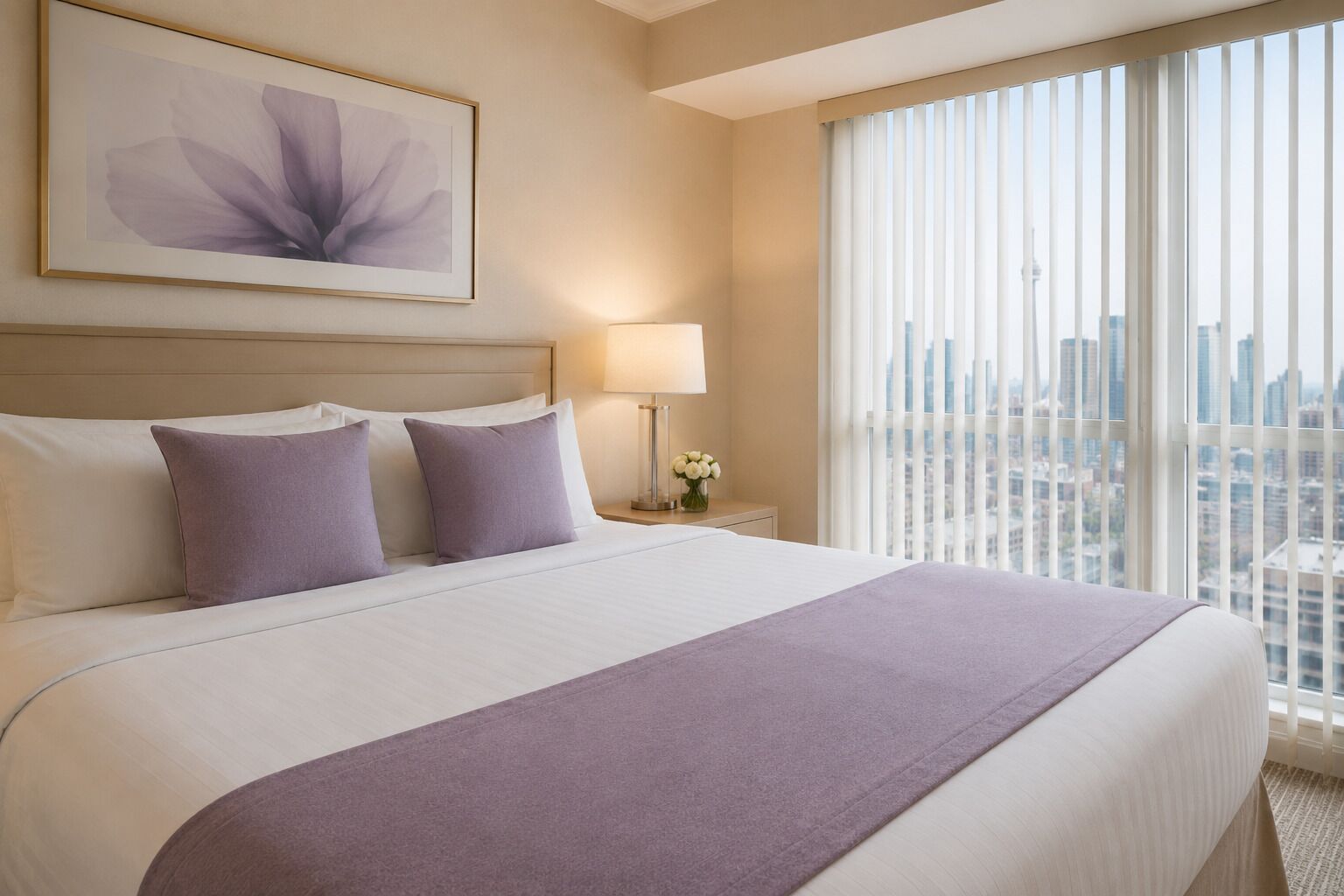 Ein Hotelzimmer mit einem großen Bett, einem Nachttisch, einer Lampe, einem gerahmten Bild und Blick auf die Stadt durch das Fenster.