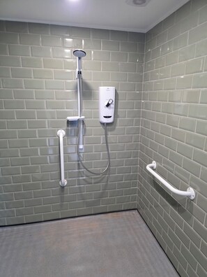 A bathroom with a shower, grab bars, and a control panel.