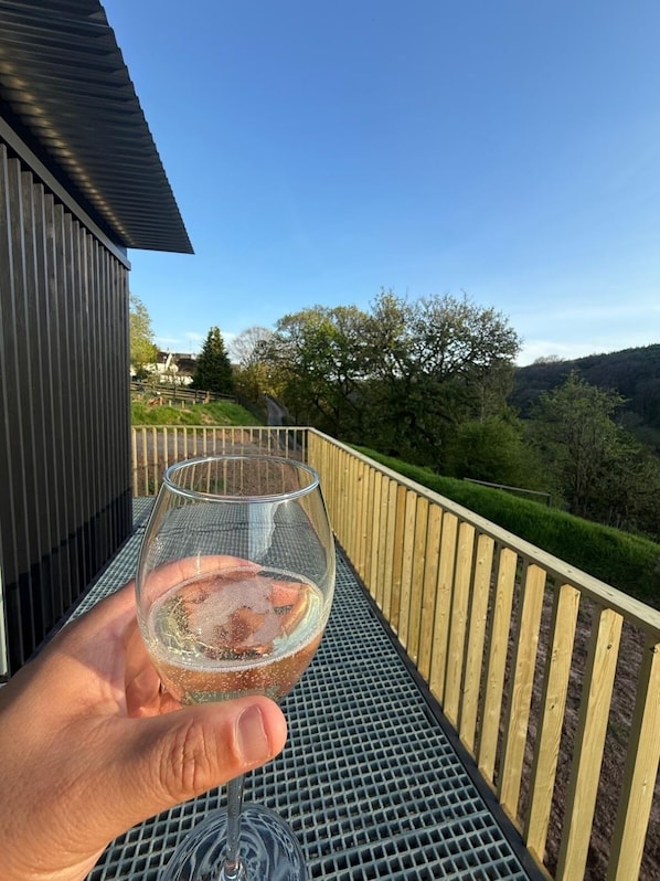 A hand holding a wine glass on a balcony with a view of a green landscape and a building.