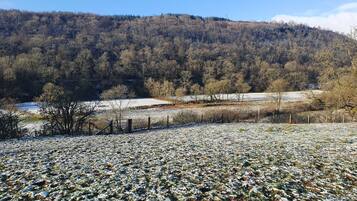 Paesaggio rurale con un campo innevato, una recinzione e una collina boscosa sullo sfondo.