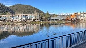 A lakeside view with a paved walkway, a metal railing, and buildings in the background. - Perfect Peace by the Lake (Keystone)