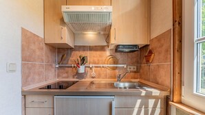 Eine moderne Küche mit Einbauherd, Spüle und Holzschränken.