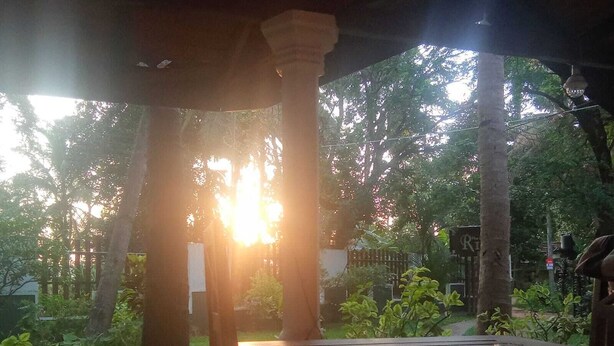 A covered outdoor area with a table and chairs, surrounded by greenery and trees. - Rio Lake Hotel Sigiriya (Sigiriya)