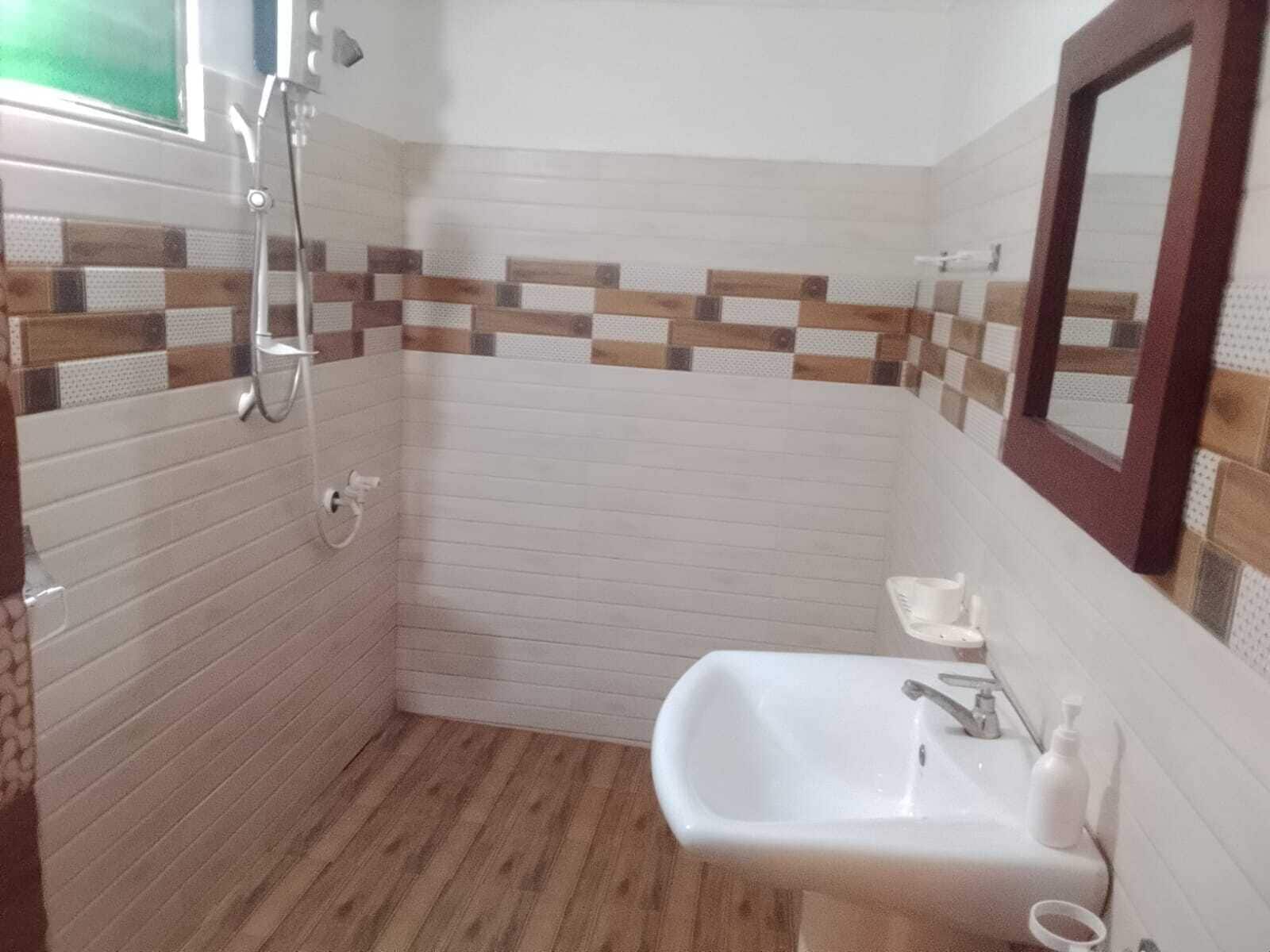 A bathroom with a shower, a sink, and a mirror.
