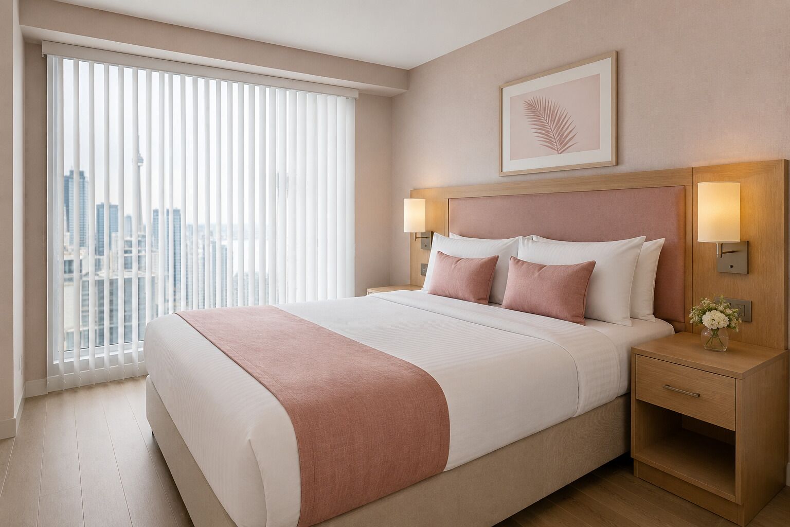 Ein Hotelzimmer mit einem großen Bett, zwei Nachttischlampen, einem Nachttisch mit einer Blumenvase und einem gerahmten Kunstwerk mit Blättern an der Wand.