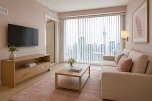 Ein modernes Wohnzimmer mit Fernseher, einer Holzkonsole, einem beigefarbenen Sofa, einem Couchtisch und Blick auf die Stadt durch große Fenster.