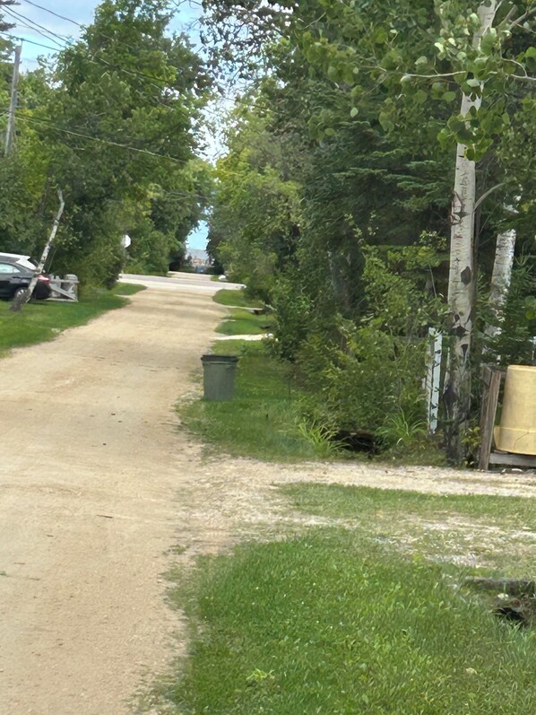 A dirt path flanked by trees and a parked car. - 1 bedroom and 3 bunk bed for rent in GIMLI sandy hook (Sandy Hook)