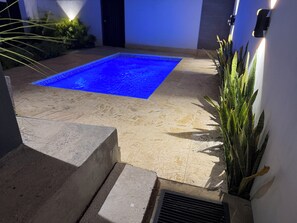 En swimmingpool med blå nuance, omgivet af en betonplade og plantekrukker.