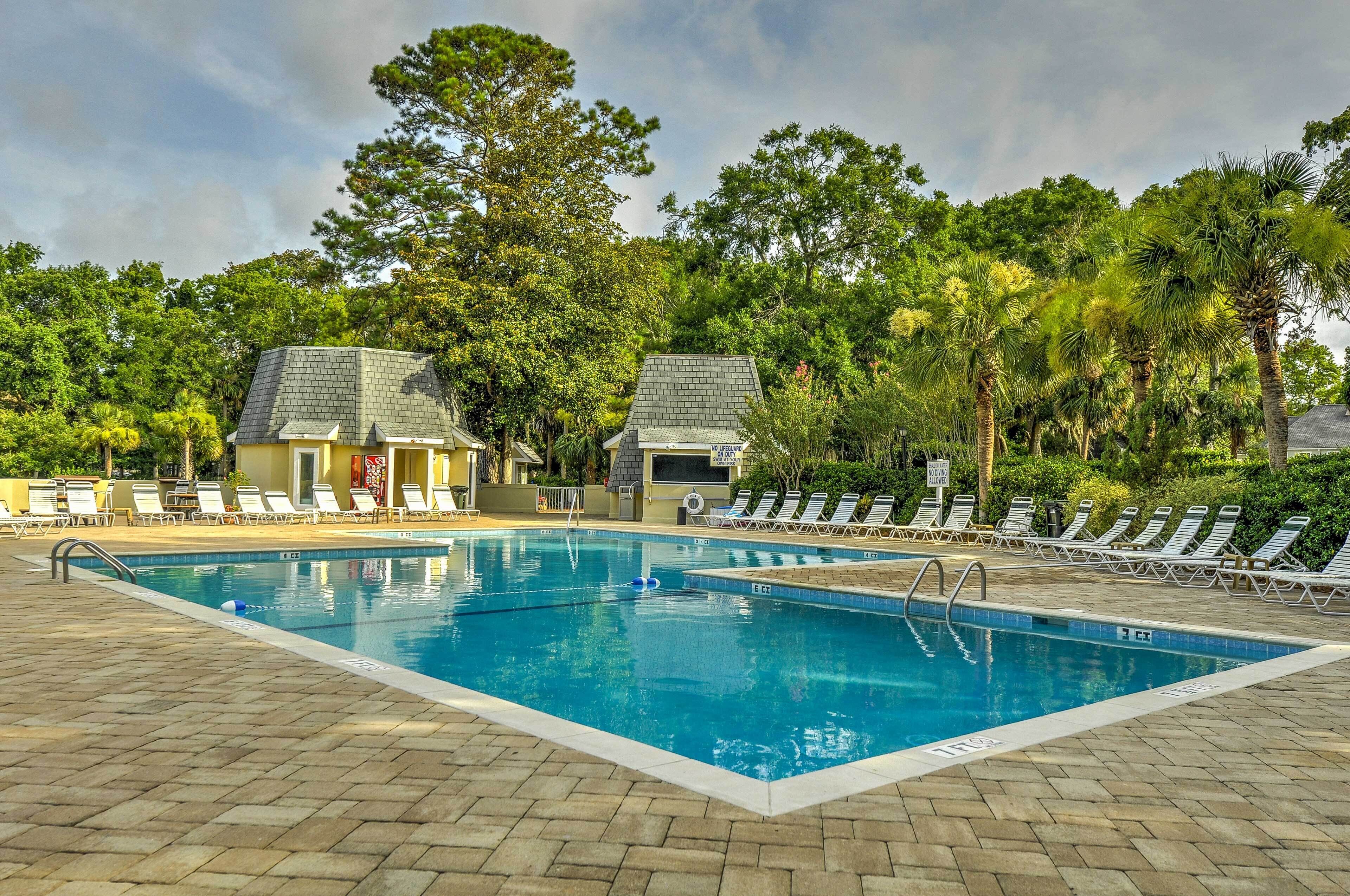 Una piscina rectangular con un solárium empedrado, rodeada de sillas de descanso y palmeras.
