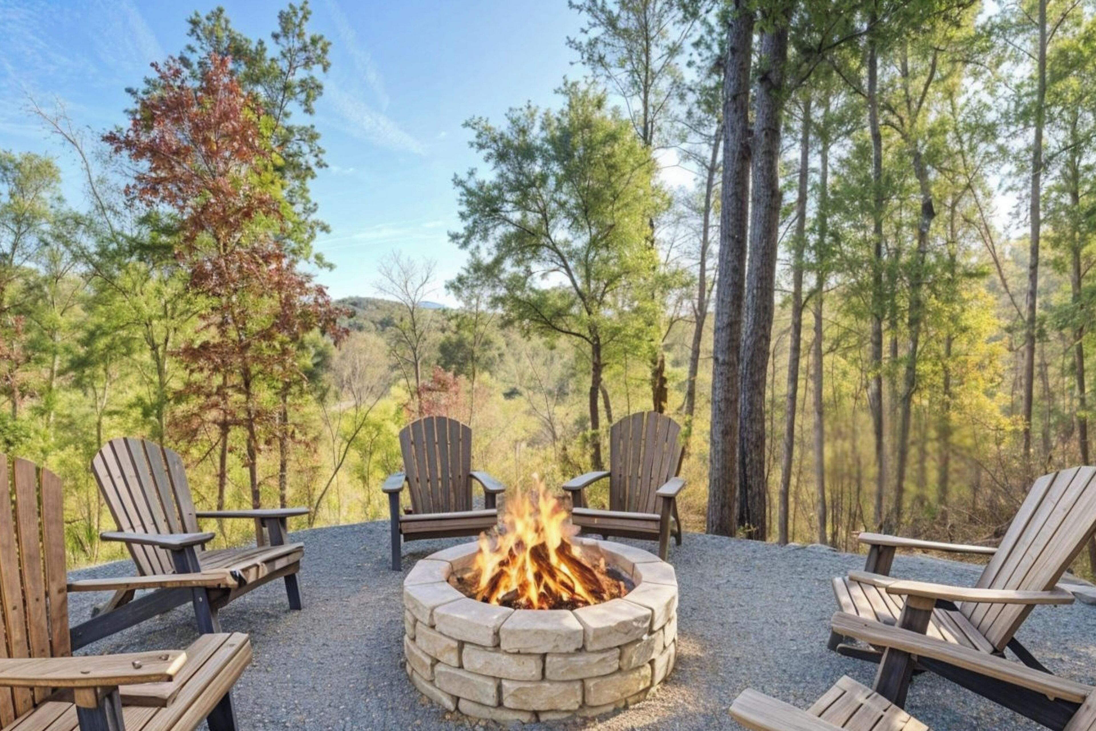 A circular stone fire pit with two Adirondack chairs around it, set in a forested area.