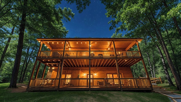 Une cabane en bois à deux étages, dotée d’un balcon et entourée d’arbres.
