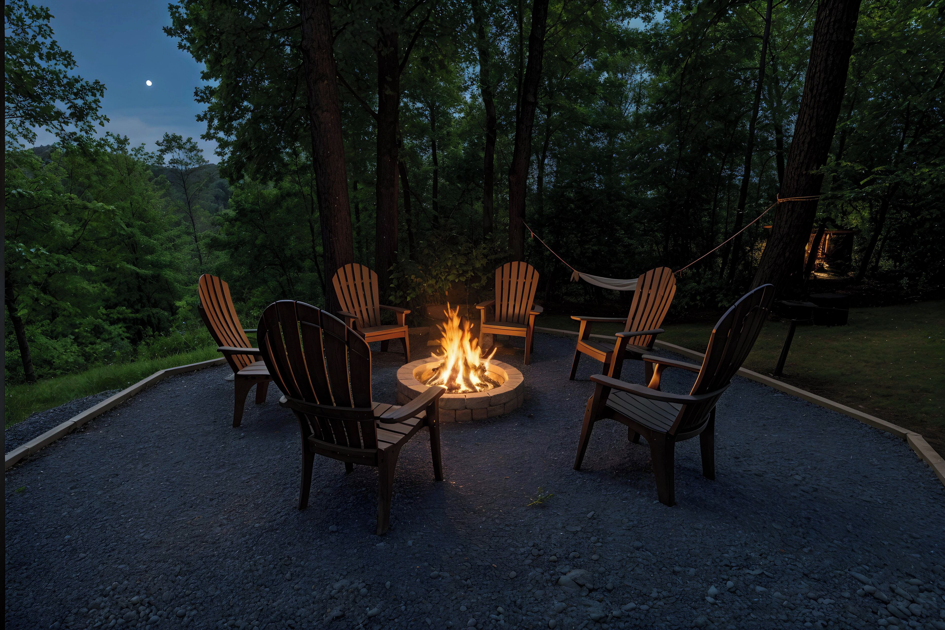 Een vuurkorf omringd door Adirondack-stoelen in een bebost gebied.