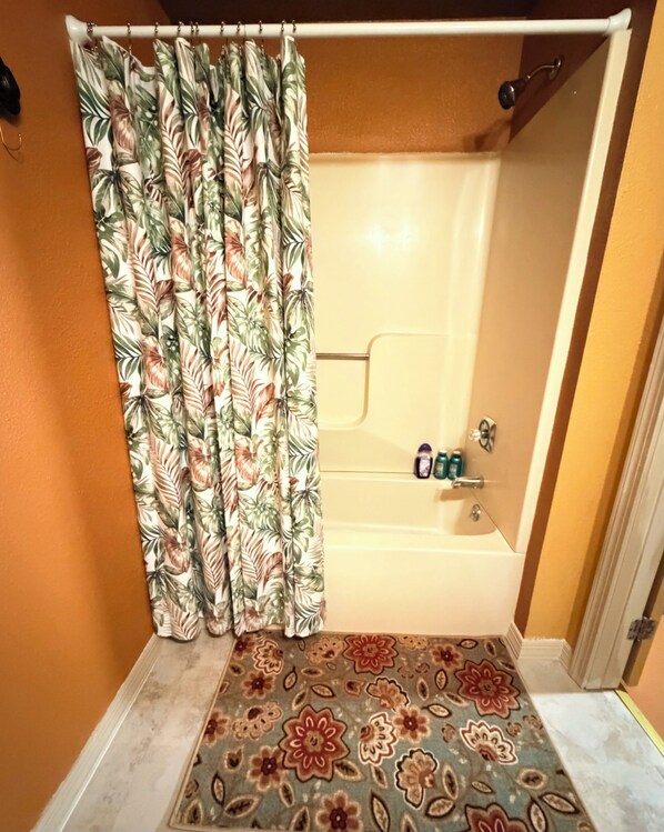 Hair dryer, towels, soap, toilet paper
