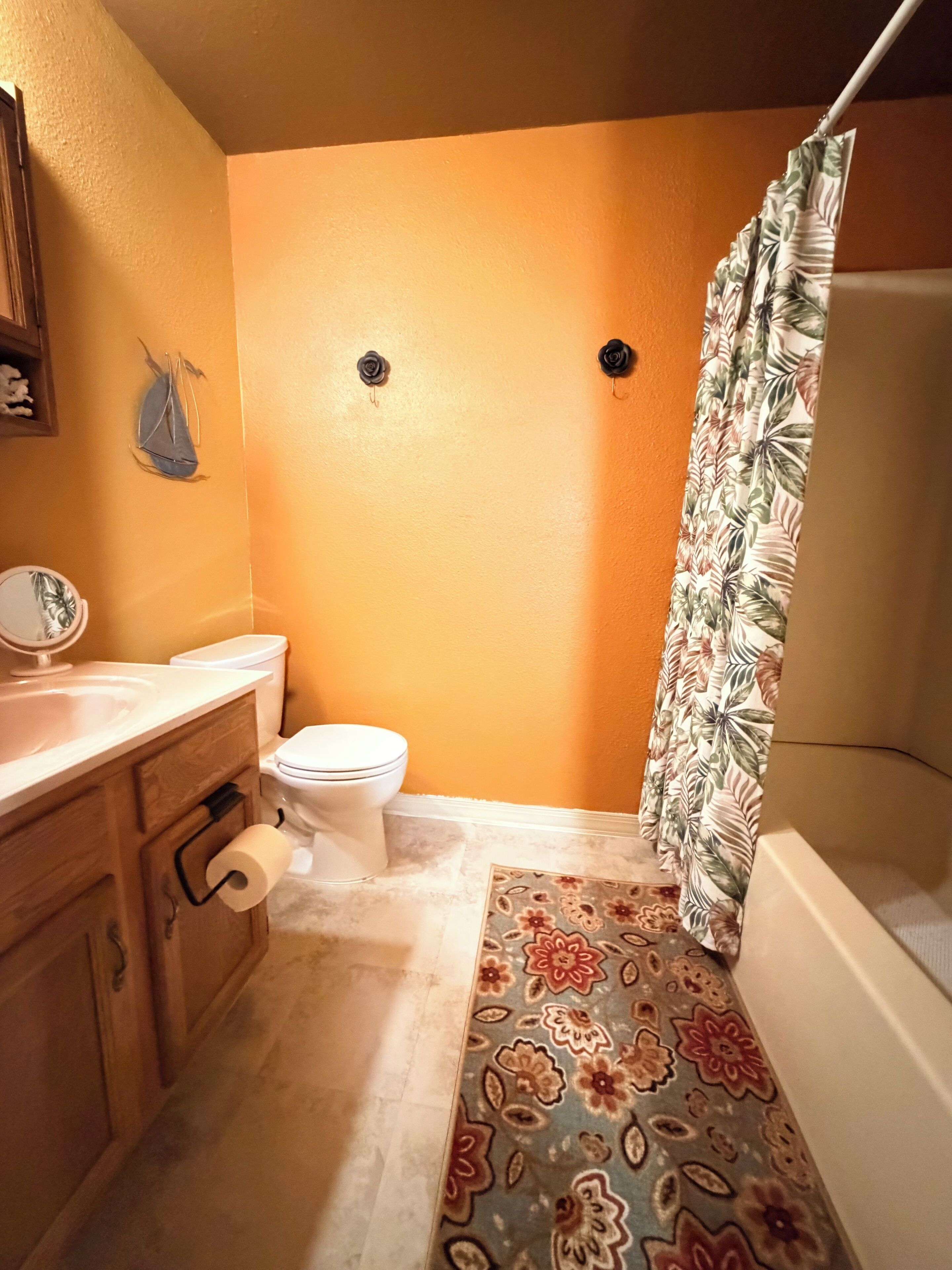 Hair dryer, towels, soap, toilet paper