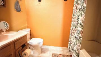 Hair dryer, towels, soap, toilet paper