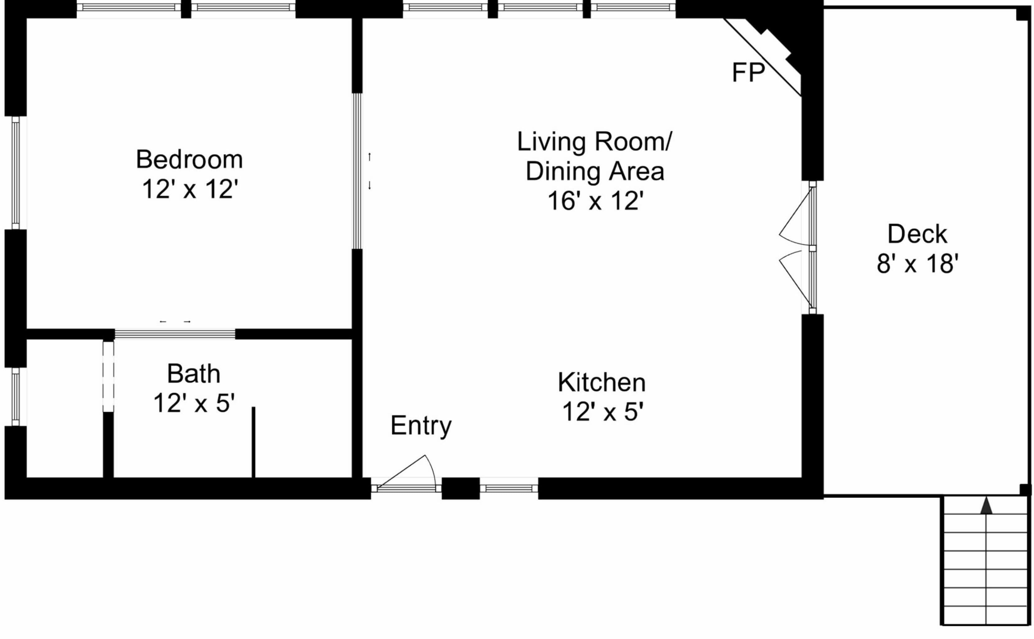 A floor plan with a bedroom (12' x 12'), a living room/dining area (16' x 12'), a kitchen (12' x 5'), a bath (12' x 5'), and a deck (8' x 18').