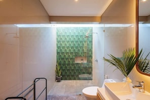 Douche, séchoir à cheveux, bidet, serviettes fournies