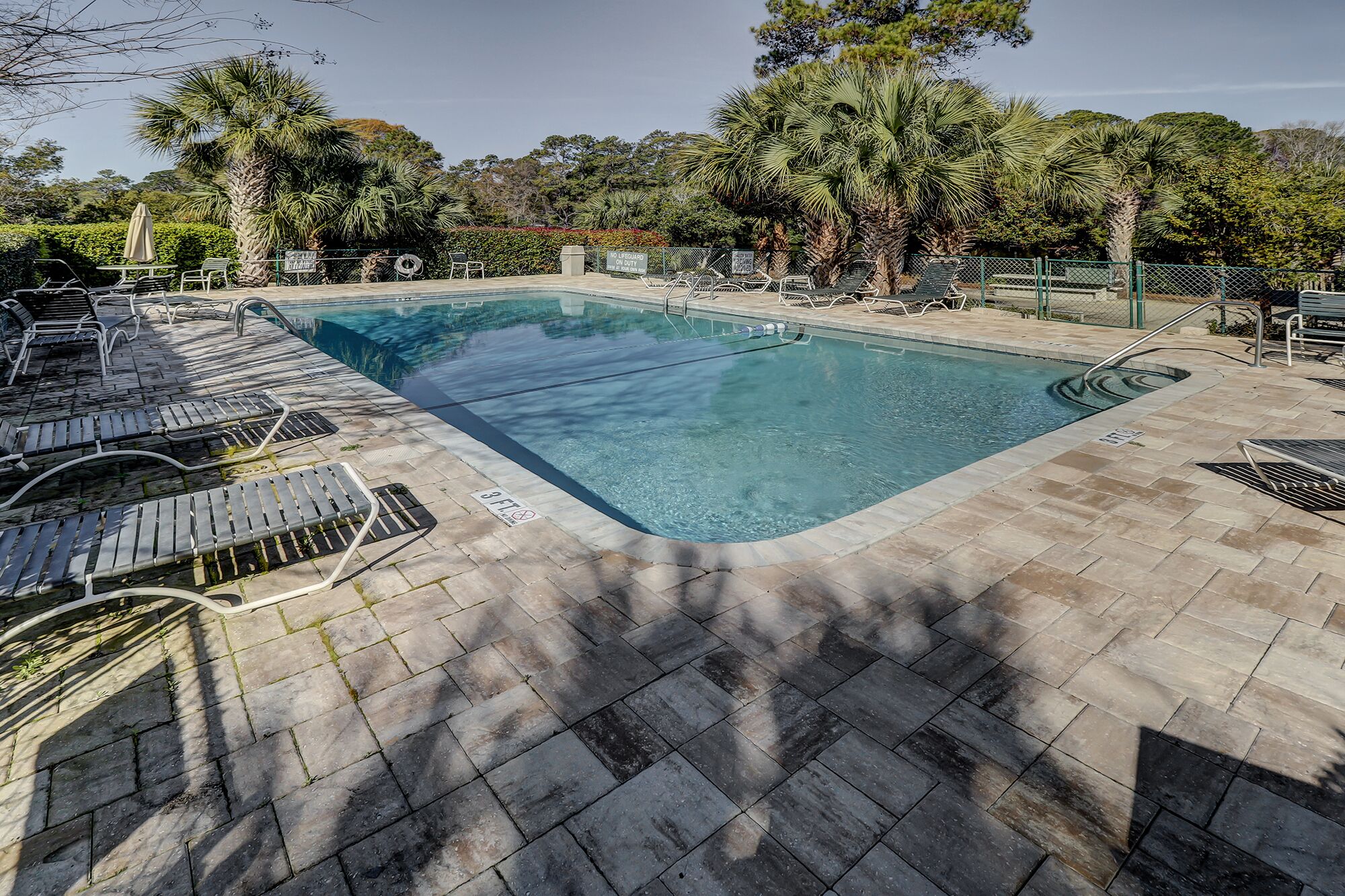 Ein rechteckiger Pool mit klarem, blauen Wasser, umgeben von Steinplatten und von Bäumen beschattet.