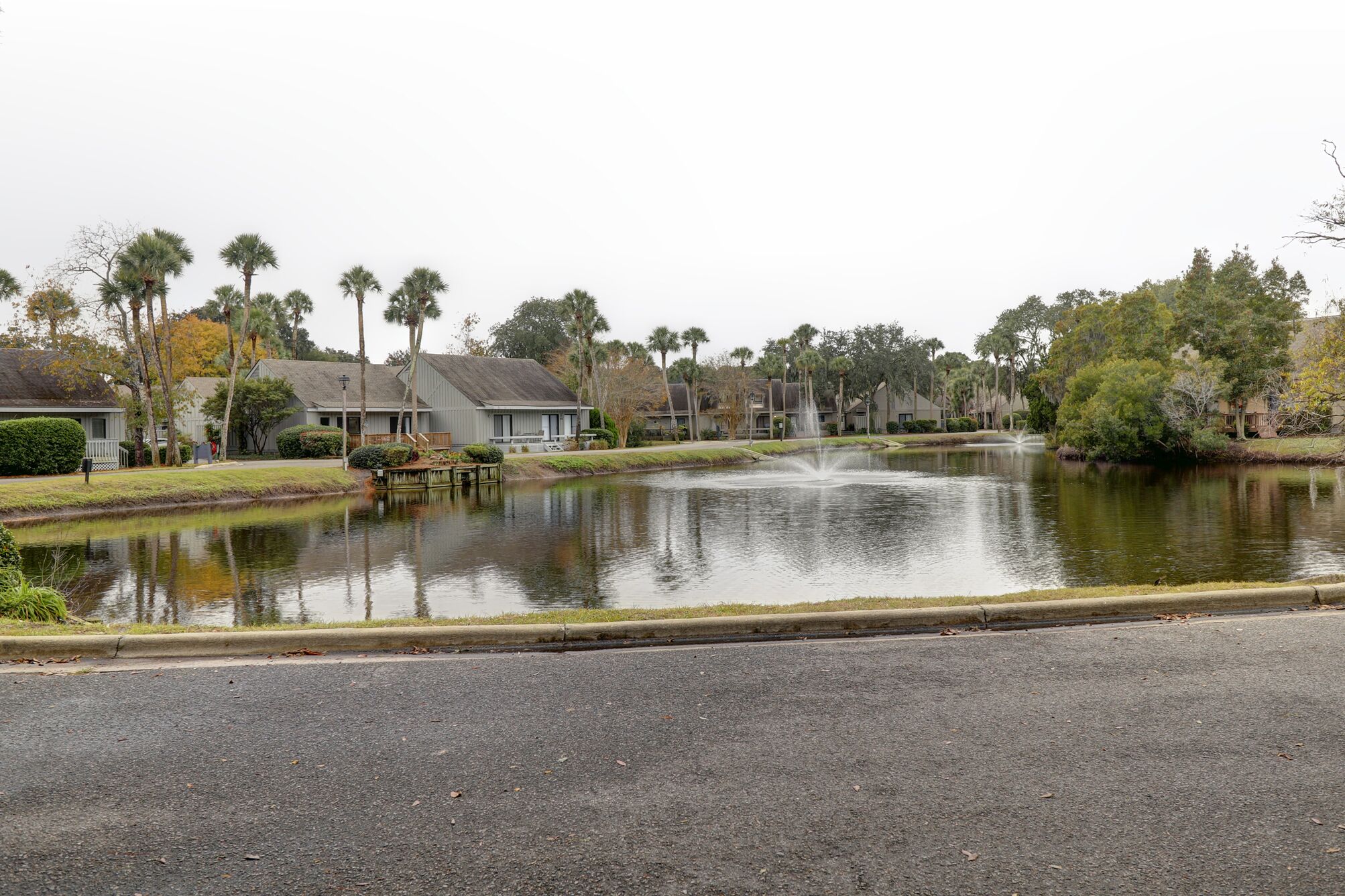 A residential area with a pond, houses, and a fountain.