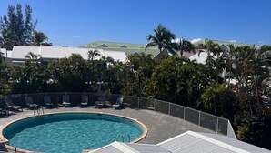 A rooftop pool with a clear blue sky, surrounded by palm trees and lounge chairs.