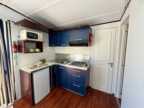 Chalet de lujo, patio, vistas al jardín | Cocina privada | Frigorífico, placa de cocina y utensilios de cocina