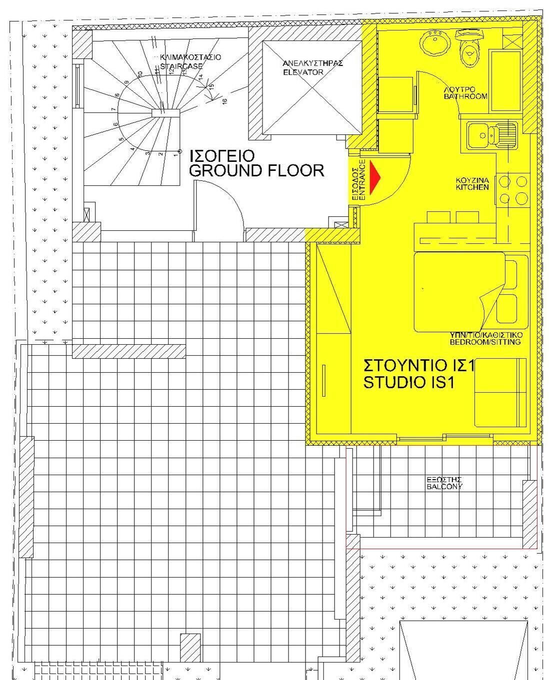Plano de planta que muestra una planta baja, un estudio identificado como IS1, y una escalera.