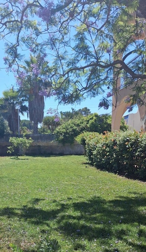 A well-maintained grassy area with a variety of trees and shrubs, including a prominent tree with purple flowers. - Villa Thalassa, for a perfect stay, 500 meters from the sea (Fontane Bianche)