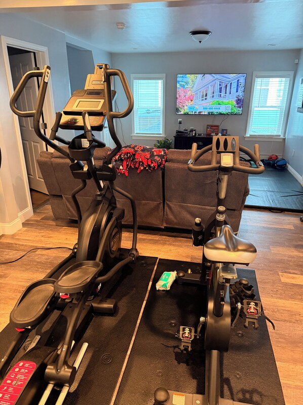 Un'area fitness interna con due cyclette, un divano e una televisione sullo sfondo.