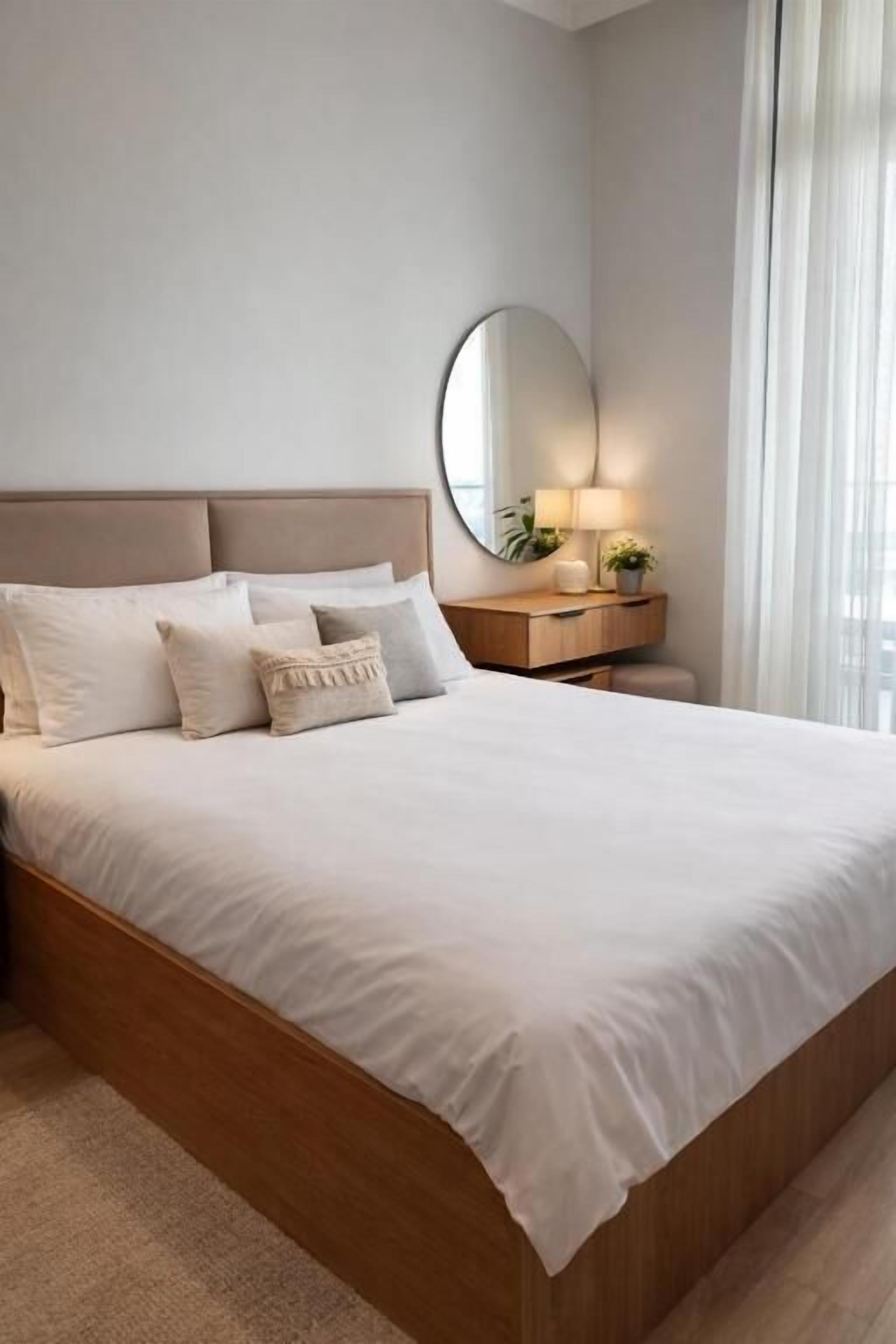 A bedroom with a bed, bedside table, lamp, and mirror.