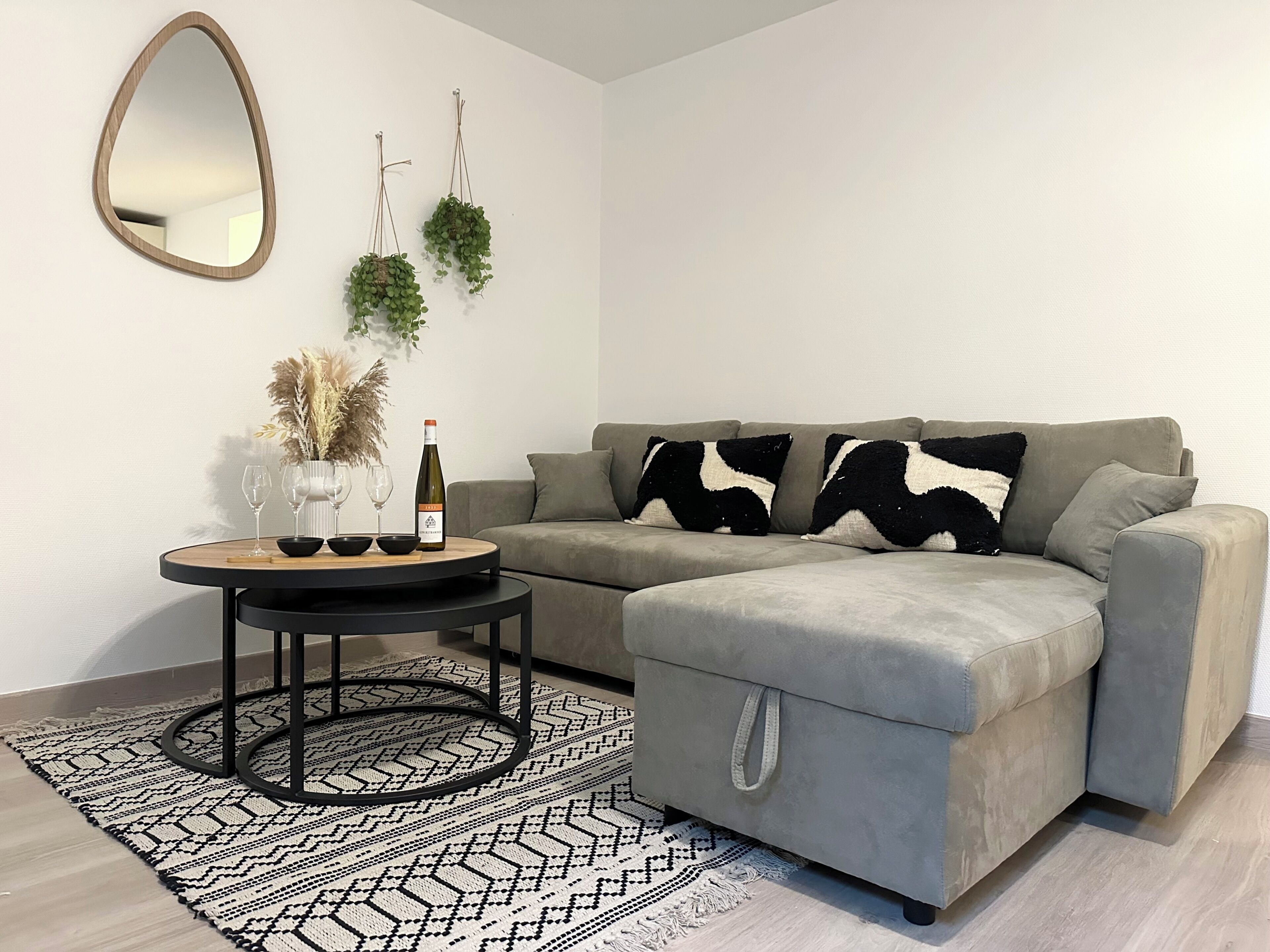 Ein modernes Wohnzimmer mit einem grauen Sofa, zwei schwarz-weißen Kissen, einem runden Couchtisch mit schwarzem Fuß, einem Spiegel und hängenden Pflanzen.