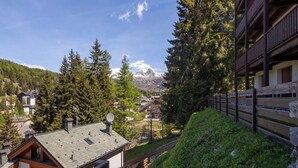 A mountain lodge with a view of snow-capped peaks, surrounded by dense forest.