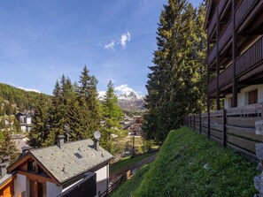 A mountain lodge with a view of snow-capped peaks, surrounded by dense forest.