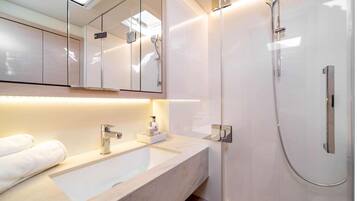 Hair dryer, towels, soap, toilet paper